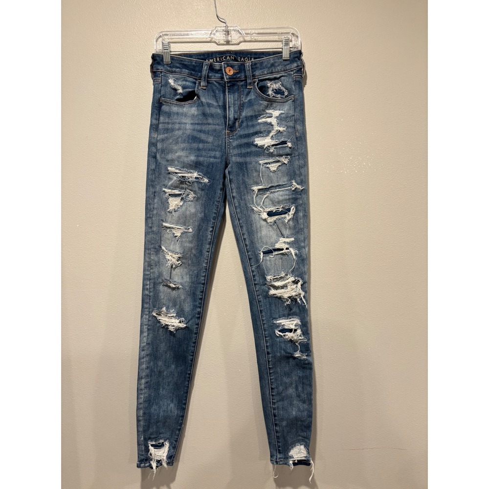 American Eagle Hi-Rise Jegging Medium Wash Distressed Ripped Denim Jeans 28x27